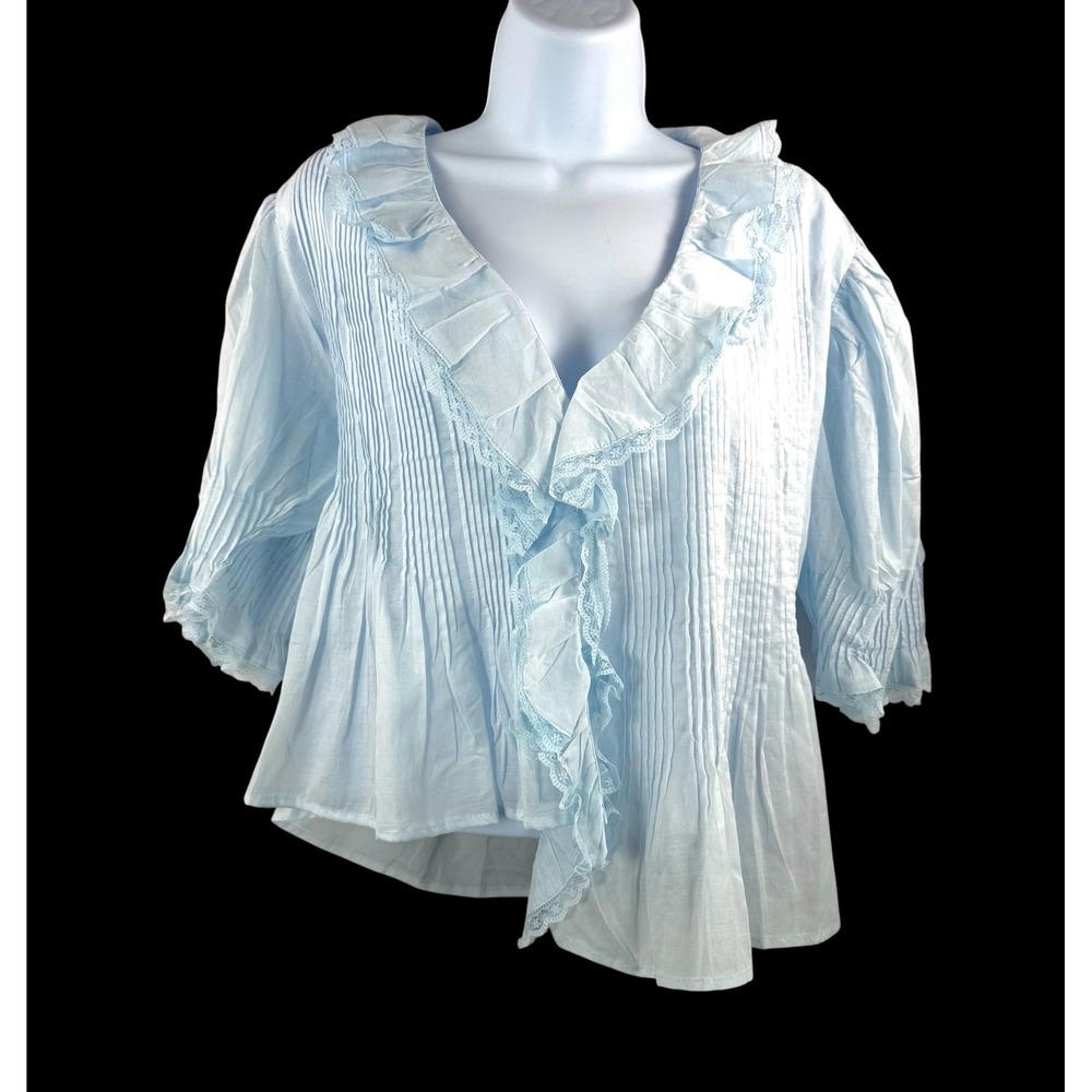 Muse Blouse sz XL Blue Pintuck‎ Ruffle Lace coquette boho light weight gauzy